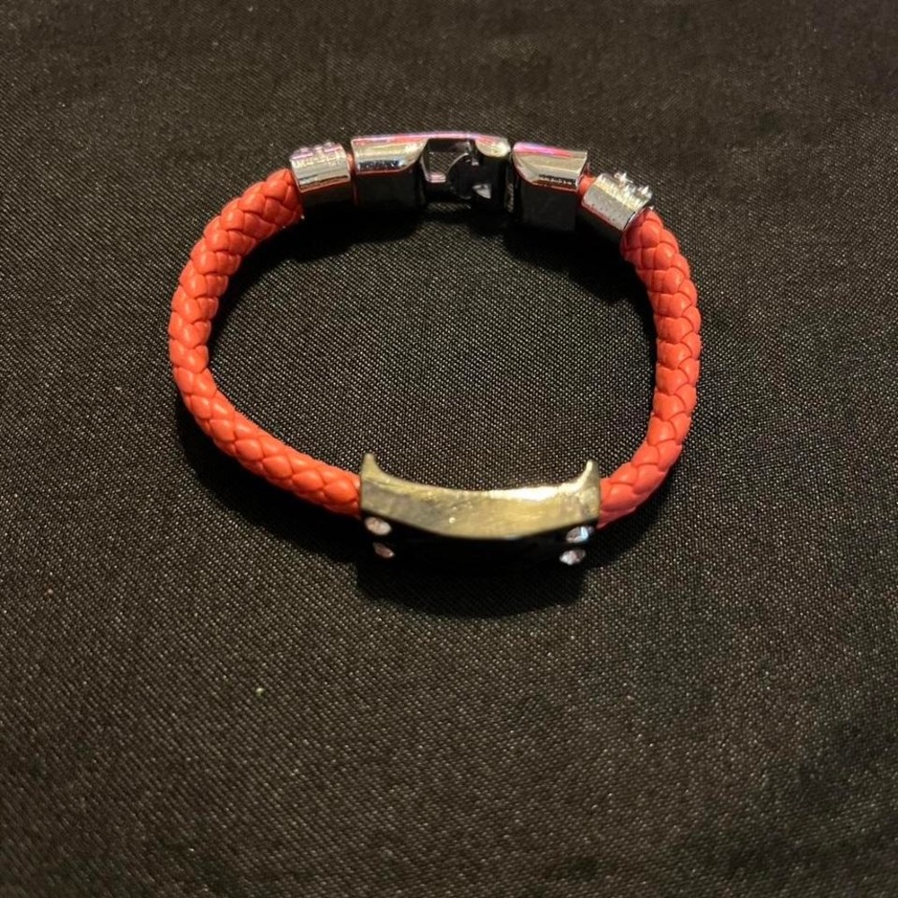 Red leather bracelet with silver accents